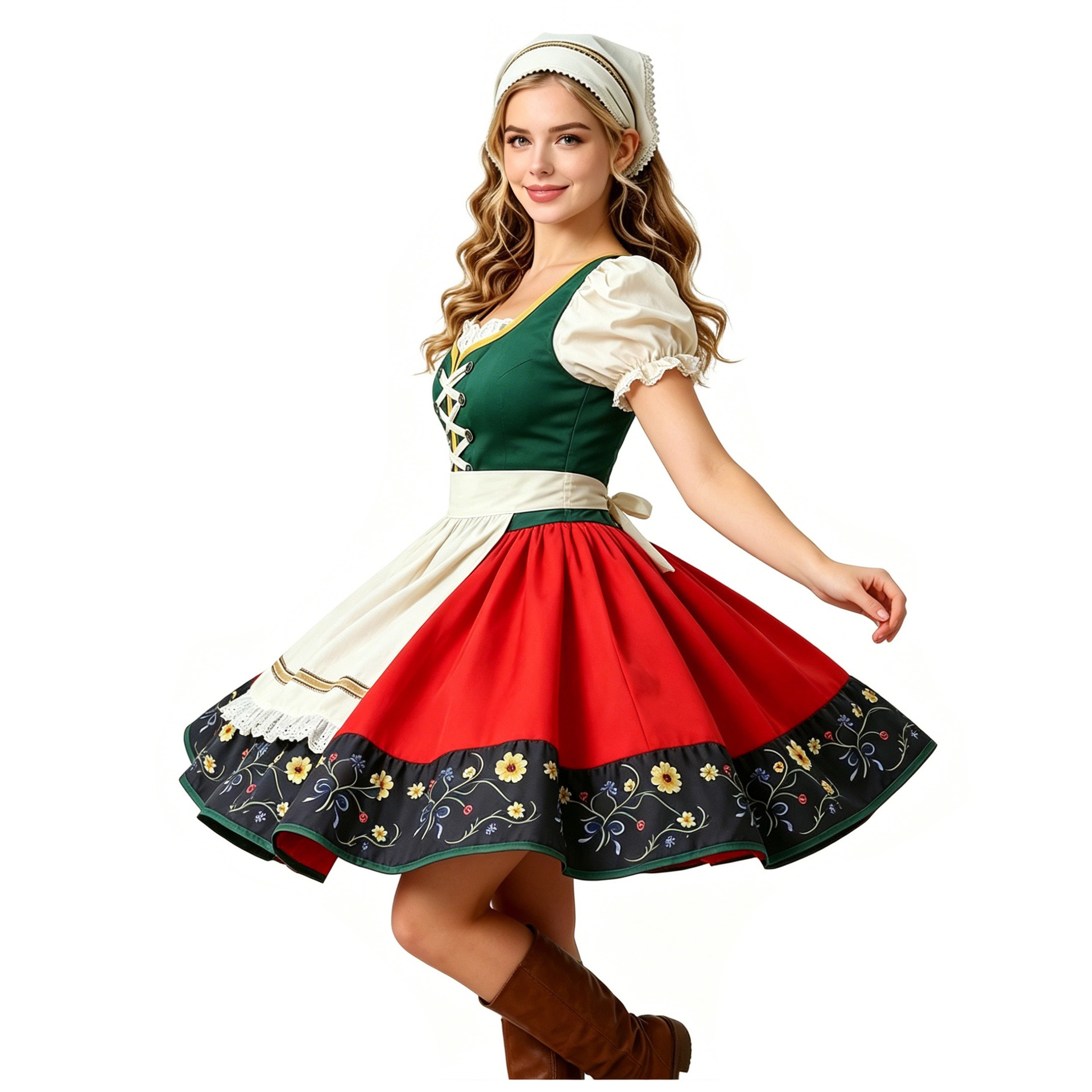 Plus Size Dirndl Dress Bavarian Oktoberfest Costume Floral Print Apron Dress